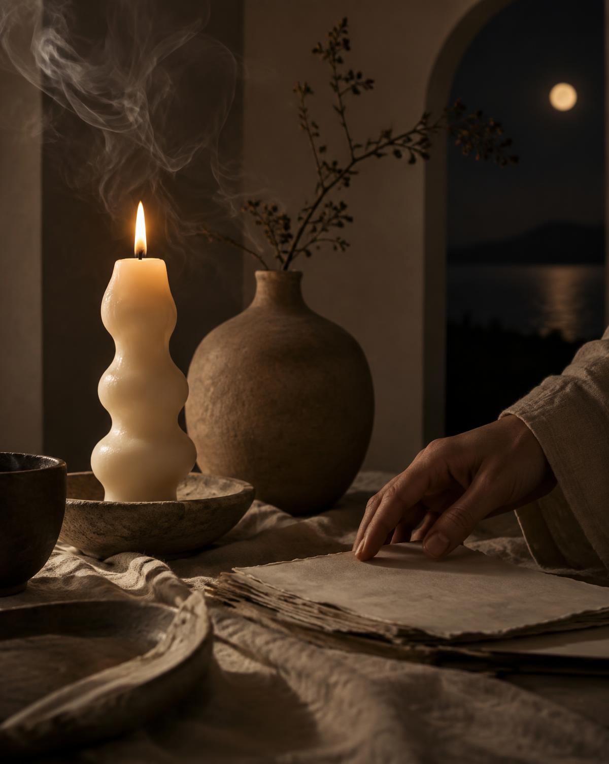 Sculptural candle glowing beside handmade paper