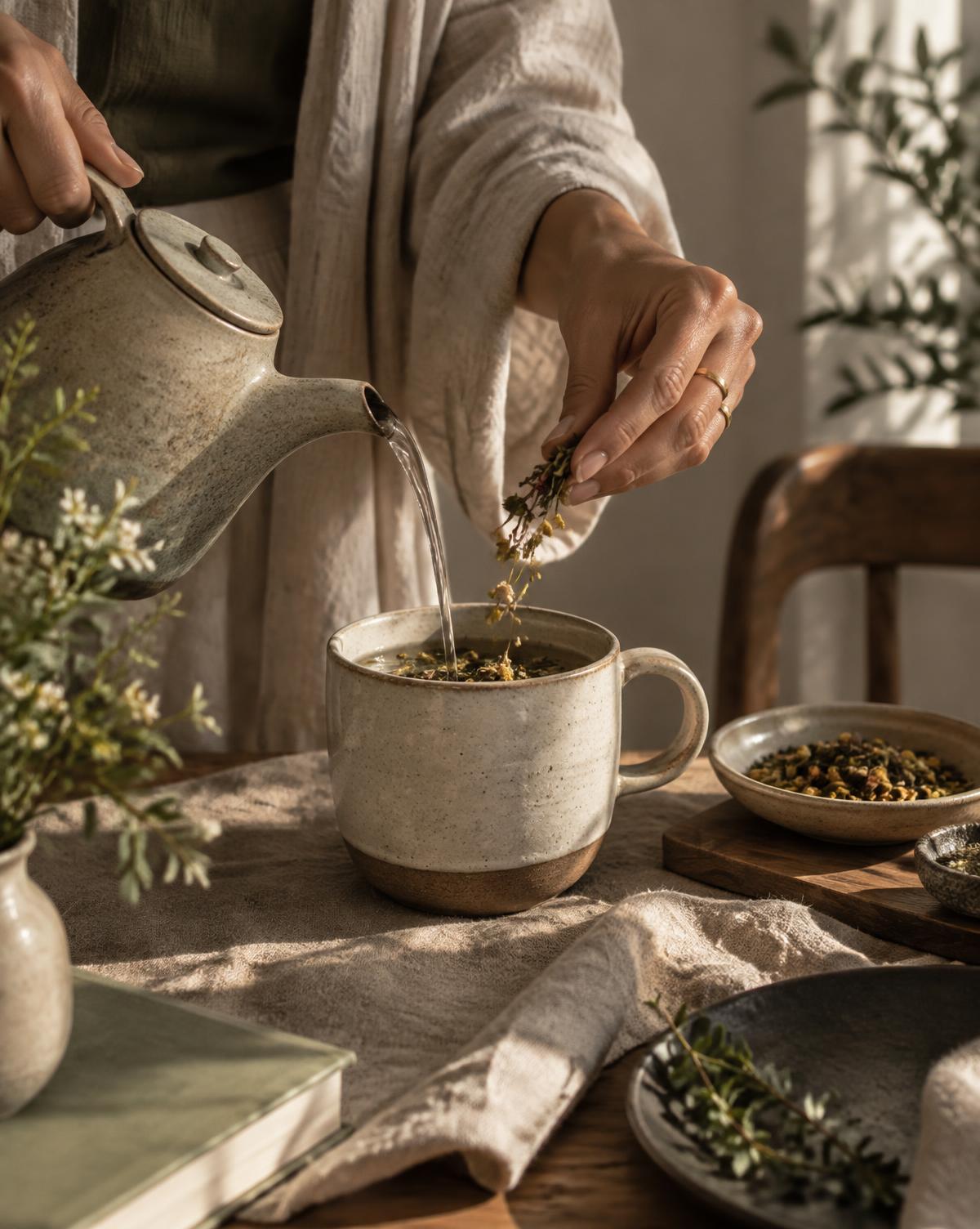 Hands preparing botanical tea in a ceramic cup